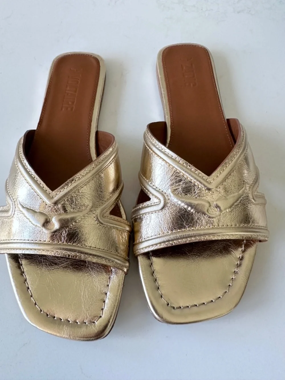 NIB | Zadig & Voltaire | Women's Azora Gold Metallic Leather Slide Sandal - Picture 9 of 12